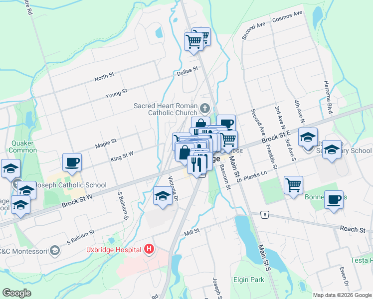 map of restaurants, bars, coffee shops, grocery stores, and more near in Uxbridge