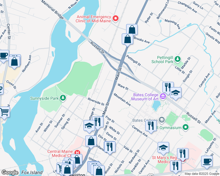 map of restaurants, bars, coffee shops, grocery stores, and more near 506 Main Street in Lewiston