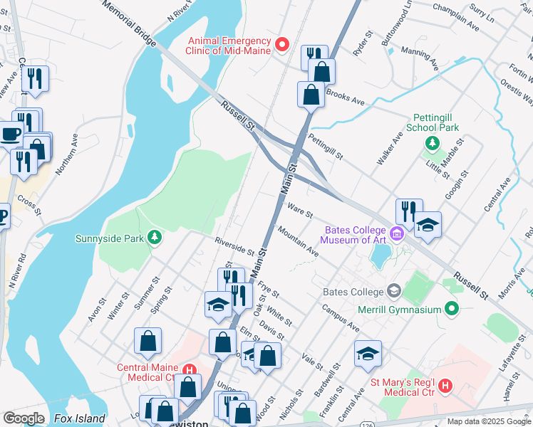 map of restaurants, bars, coffee shops, grocery stores, and more near 506 Main Street in Lewiston