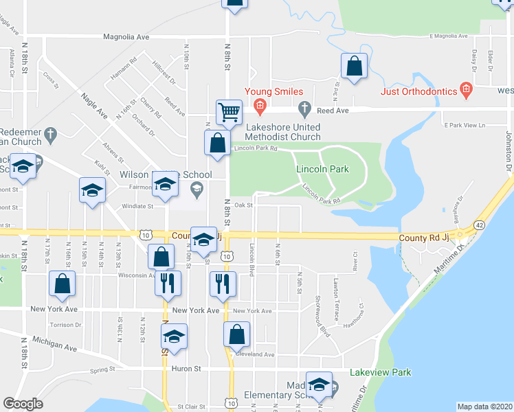 map of restaurants, bars, coffee shops, grocery stores, and more near 1199 Lincoln Boulevard in Manitowoc