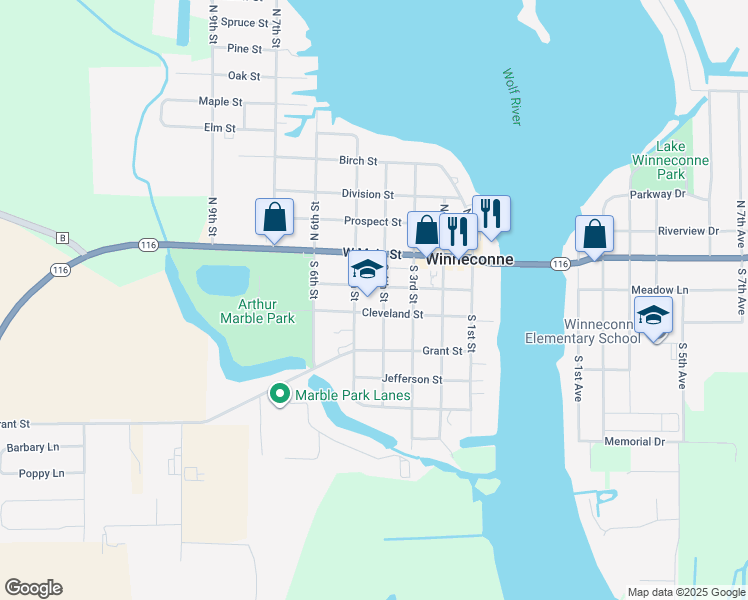 map of restaurants, bars, coffee shops, grocery stores, and more near 424 Cleveland Street in Winneconne
