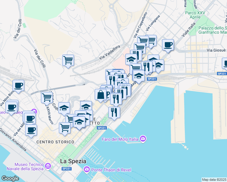 map of restaurants, bars, coffee shops, grocery stores, and more near 56 Via Vittorio Veneto in La Spezia