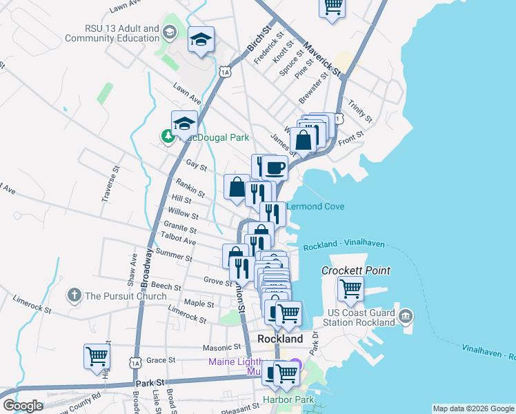 map of restaurants, bars, coffee shops, grocery stores, and more near 19 Rankin Street in Rockland