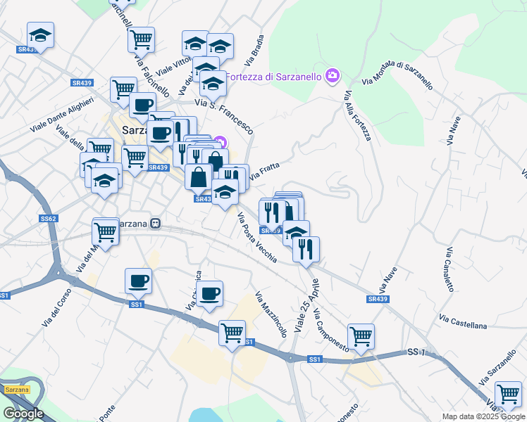 map of restaurants, bars, coffee shops, grocery stores, and more near 10 Via Privata Massa Neri in Sarzana