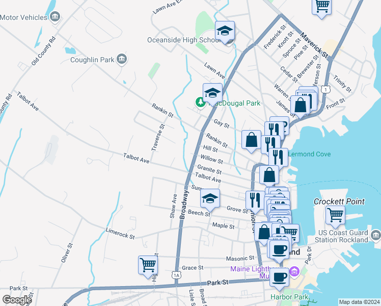 map of restaurants, bars, coffee shops, grocery stores, and more near Broadway Place in Rockland