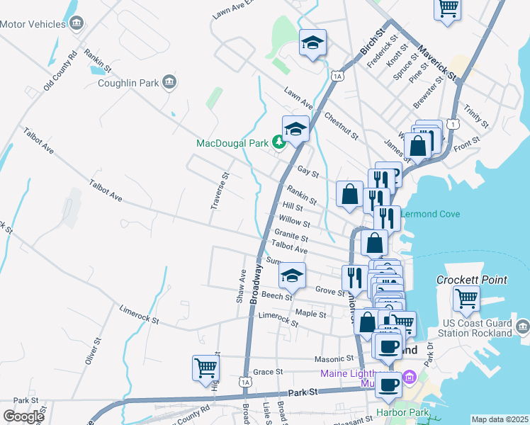map of restaurants, bars, coffee shops, grocery stores, and more near Broadway Place in Rockland
