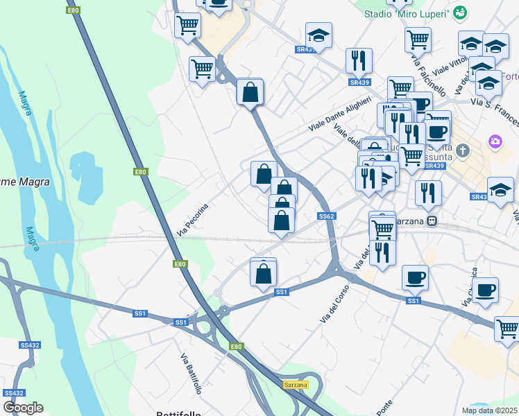 map of restaurants, bars, coffee shops, grocery stores, and more near 30 Via Ronzano in Sarzana