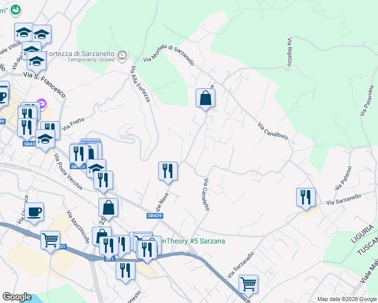 map of restaurants, bars, coffee shops, grocery stores, and more near 16 Via Nave in Sarzana