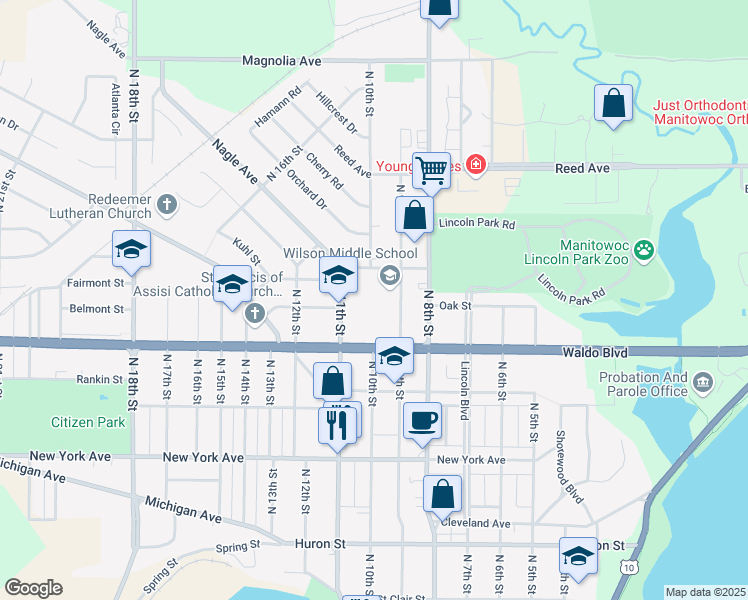 map of restaurants, bars, coffee shops, grocery stores, and more near 1201 11th Street in Manitowoc