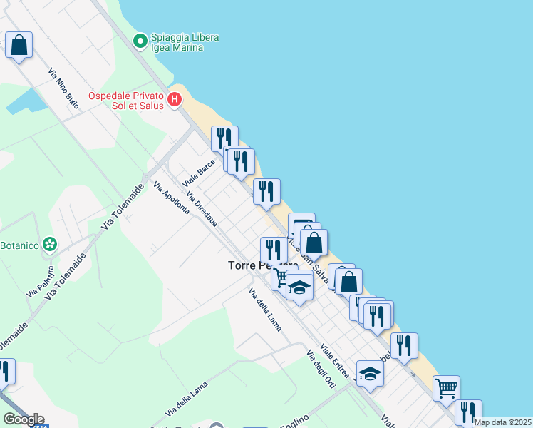 map of restaurants, bars, coffee shops, grocery stores, and more near 1 Viale Kassala in Rimini