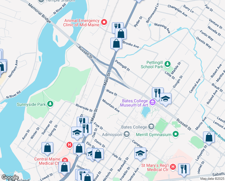 map of restaurants, bars, coffee shops, grocery stores, and more near 14 Ware Street in Lewiston