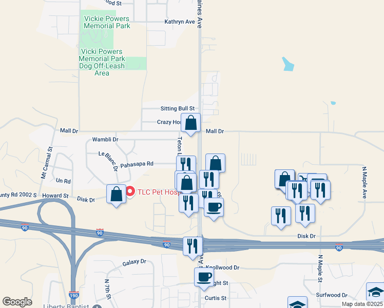 map of restaurants, bars, coffee shops, grocery stores, and more near 2425 Haines Avenue in Rapid City