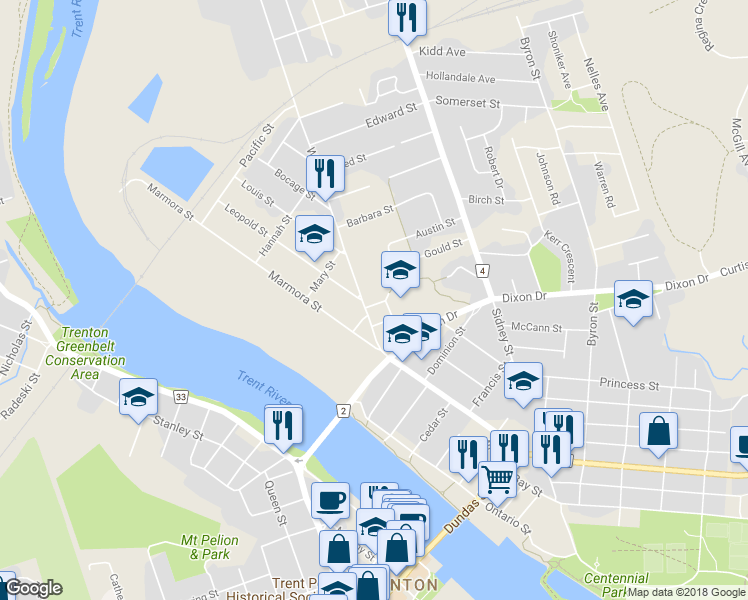 map of restaurants, bars, coffee shops, grocery stores, and more near 12 Kitchener Avenue in Quinte West