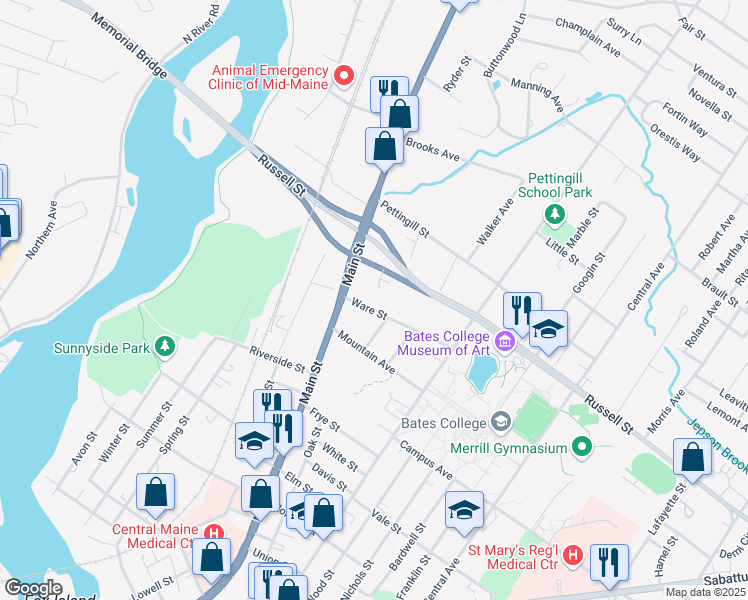 map of restaurants, bars, coffee shops, grocery stores, and more near 14 Ware Street in Lewiston