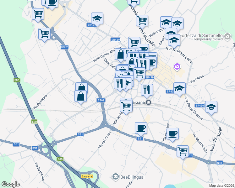 map of restaurants, bars, coffee shops, grocery stores, and more near 81 Via Brigate Partigiane Ugo Muccini in Sarzana