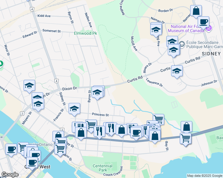 map of restaurants, bars, coffee shops, grocery stores, and more near 65 Stella Crescent in Quinte West