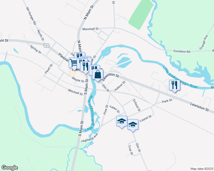 map of restaurants, bars, coffee shops, grocery stores, and more near 8 High Street in Mechanic Falls