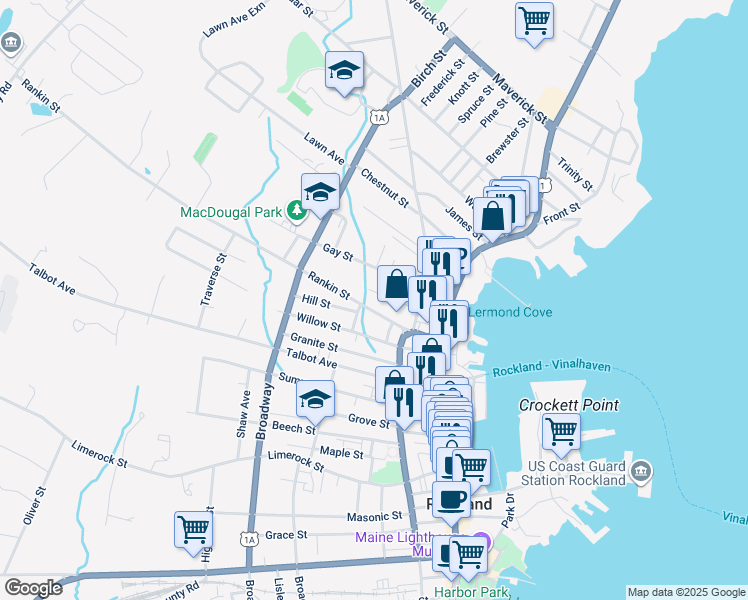 map of restaurants, bars, coffee shops, grocery stores, and more near 29 Tea Street in Rockland