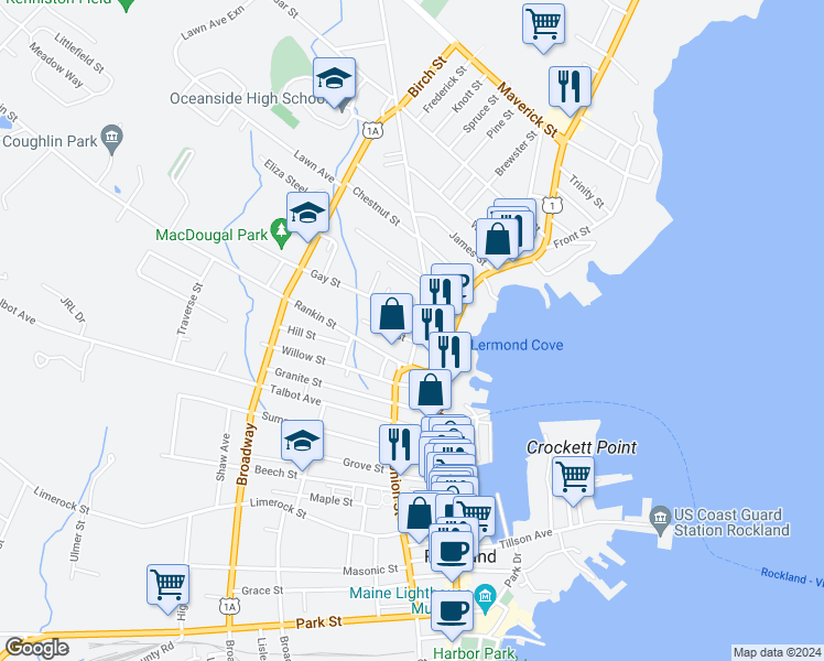 map of restaurants, bars, coffee shops, grocery stores, and more near 10 Leland Street in Rockland