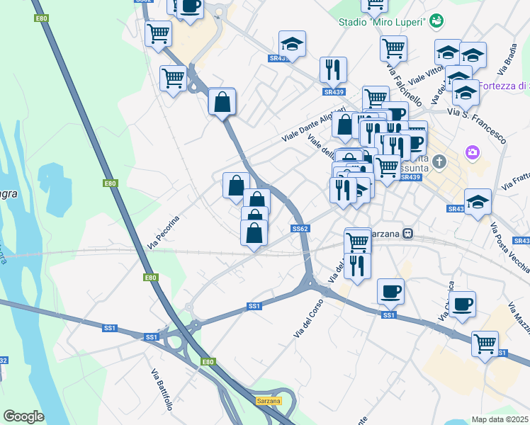 map of restaurants, bars, coffee shops, grocery stores, and more near 31 Via Variante Cisa in Sarzana