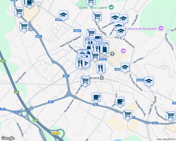map of restaurants, bars, coffee shops, grocery stores, and more near Via Picedi in Sarzana