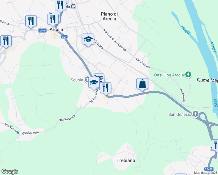 map of restaurants, bars, coffee shops, grocery stores, and more near 11 Via Porcareda in Arcola