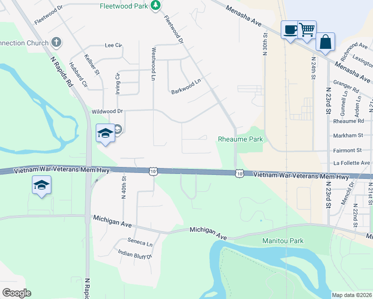 map of restaurants, bars, coffee shops, grocery stores, and more near 3401 Chasm Lane in Manitowoc