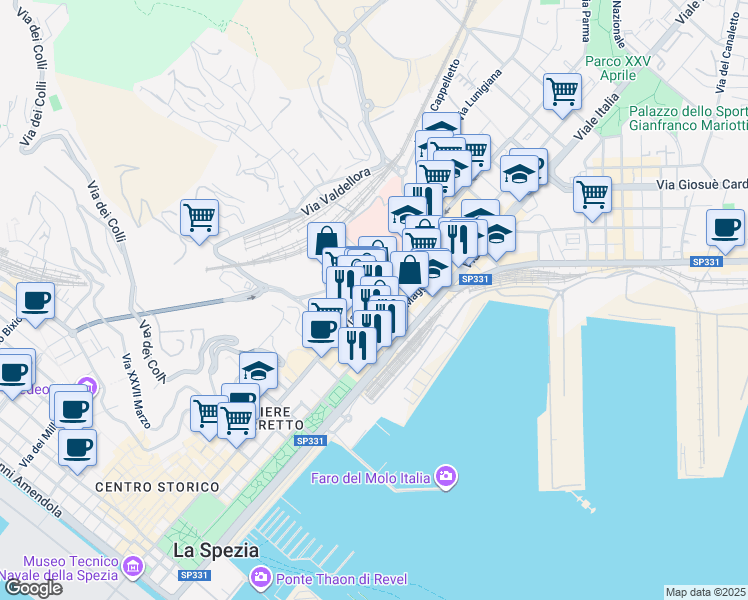 map of restaurants, bars, coffee shops, grocery stores, and more near 126 Via Vittorio Veneto in La Spezia