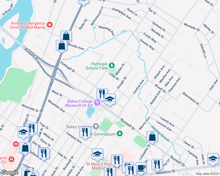 map of restaurants, bars, coffee shops, grocery stores, and more near 19 Marble Street in Lewiston