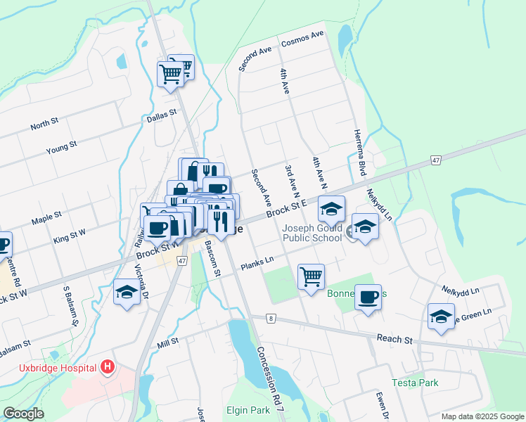 map of restaurants, bars, coffee shops, grocery stores, and more near 55 Brock Street East in Uxbridge