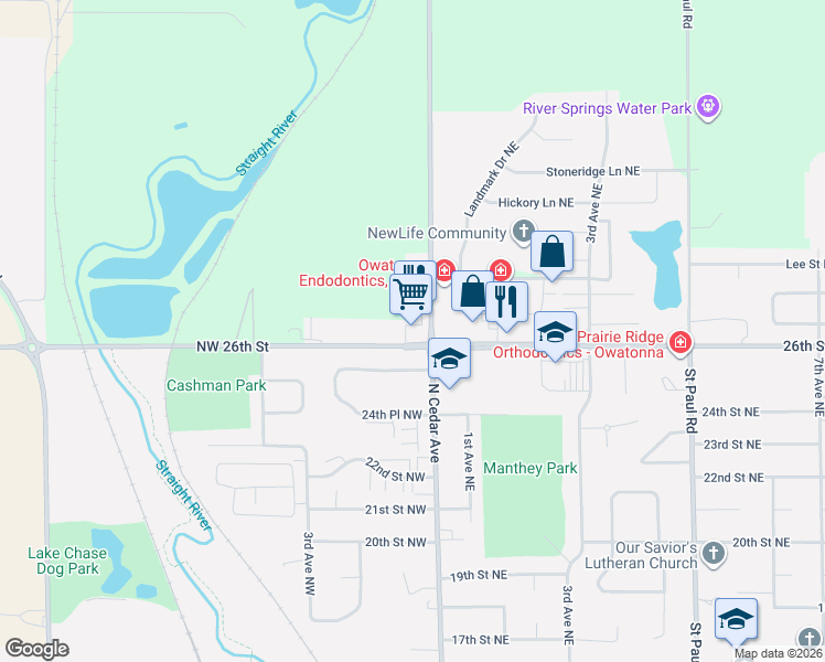 map of restaurants, bars, coffee shops, grocery stores, and more near 352 Northwest 26th Street in Owatonna