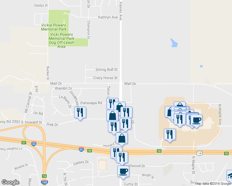 map of restaurants, bars, coffee shops, grocery stores, and more near 2425 Haines Avenue in Rapid City