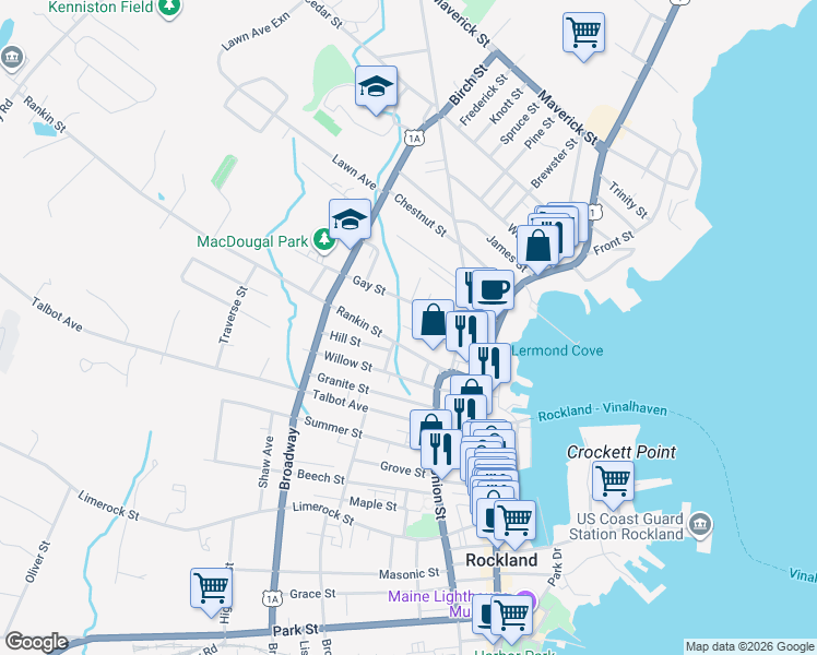 map of restaurants, bars, coffee shops, grocery stores, and more near 29 Tea Street in Rockland