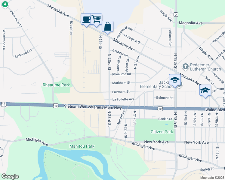 map of restaurants, bars, coffee shops, grocery stores, and more near 2238 Fairmont Street in Manitowoc