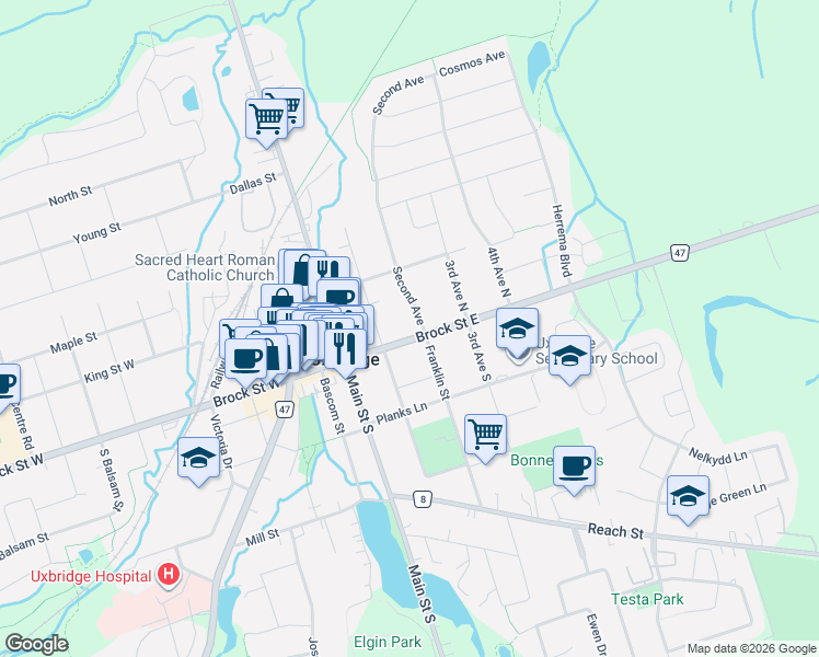 map of restaurants, bars, coffee shops, grocery stores, and more near 55 Brock Street East in Uxbridge