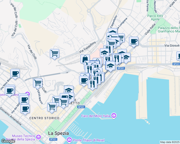 map of restaurants, bars, coffee shops, grocery stores, and more near 2 Via Redipuglia in La Spezia