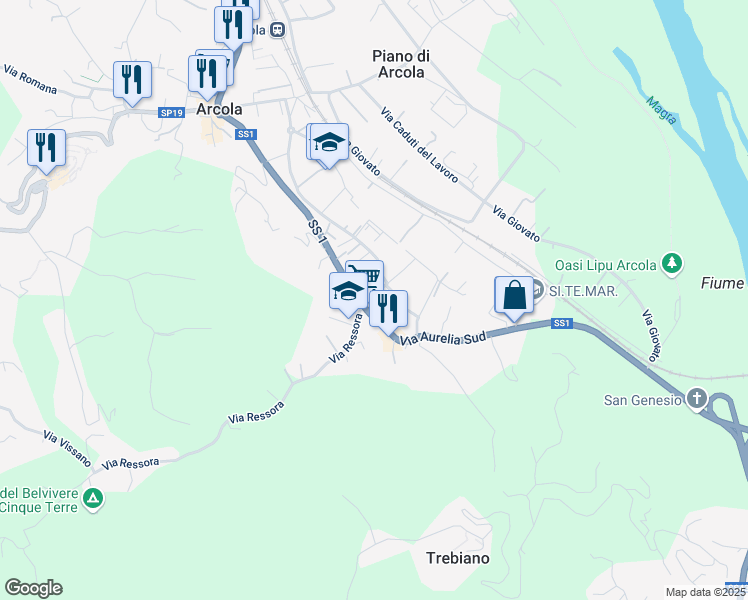 map of restaurants, bars, coffee shops, grocery stores, and more near 11 Via Porcareda in Arcola