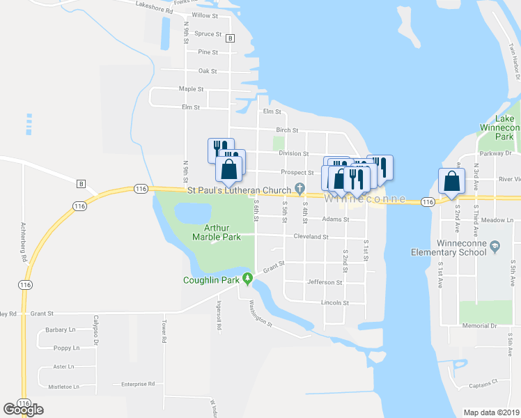 map of restaurants, bars, coffee shops, grocery stores, and more near 546 Adams Street in Winneconne
