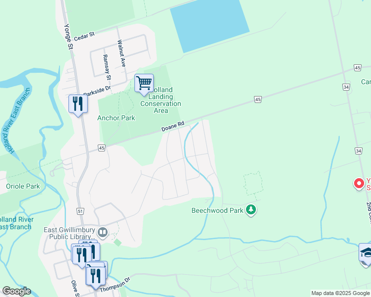 map of restaurants, bars, coffee shops, grocery stores, and more near 11 John Smith Street in East Gwillimbury