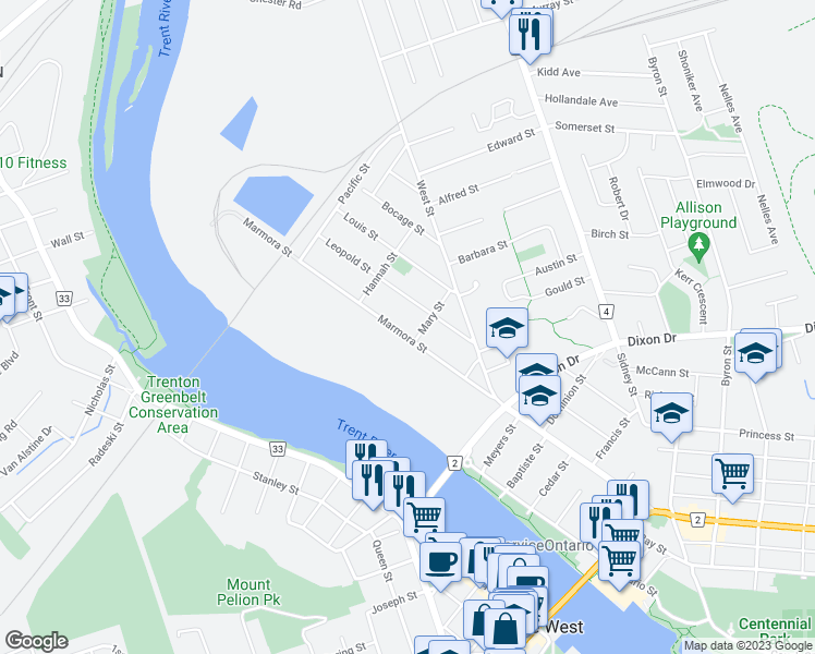 map of restaurants, bars, coffee shops, grocery stores, and more near 163 Marmora Street in Quinte West