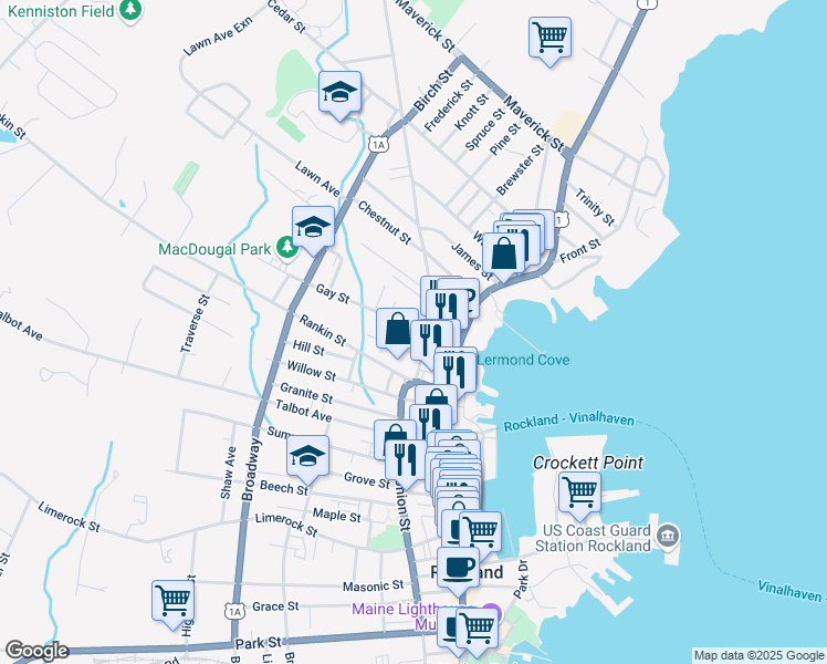 map of restaurants, bars, coffee shops, grocery stores, and more near 12 Gay Street Place in Rockland