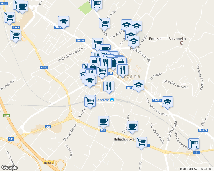 map of restaurants, bars, coffee shops, grocery stores, and more near 16 Via Nilo Garbusi Partigiano Med. d'Argento 1922 - 1944 in Sarzana