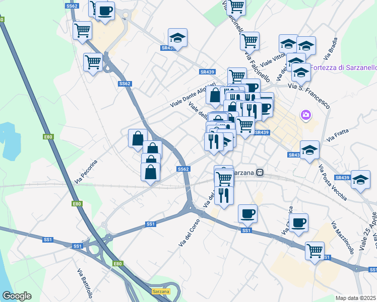 map of restaurants, bars, coffee shops, grocery stores, and more near 6 Via 8 Marzo in Sarzana