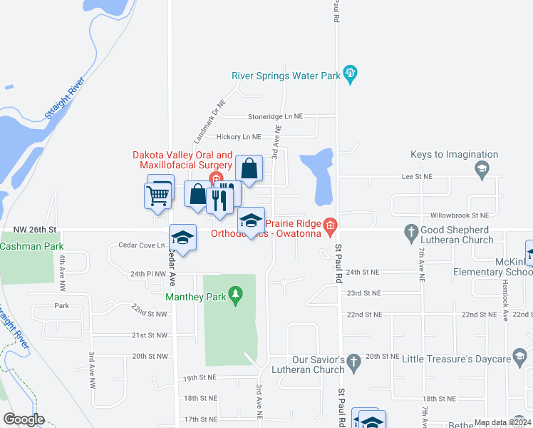 map of restaurants, bars, coffee shops, grocery stores, and more near 2630 3rd Avenue Northeast in Owatonna