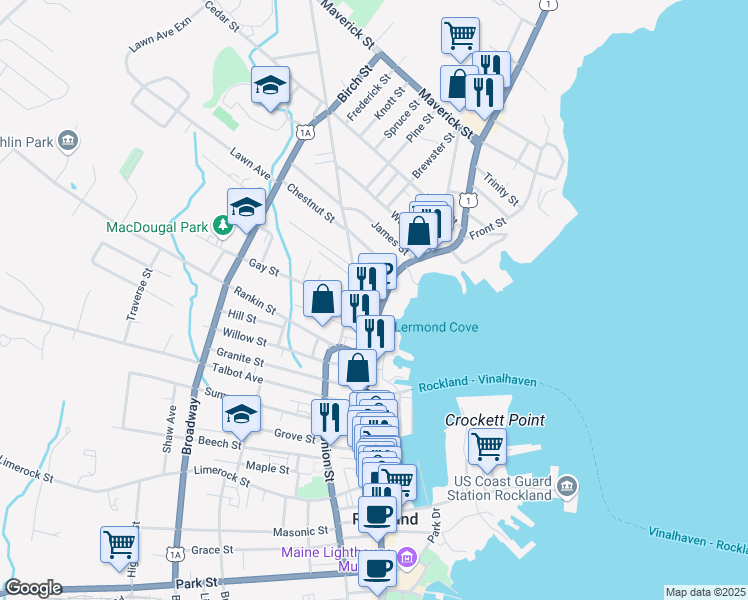 map of restaurants, bars, coffee shops, grocery stores, and more near 6 Cottage Street in Rockland