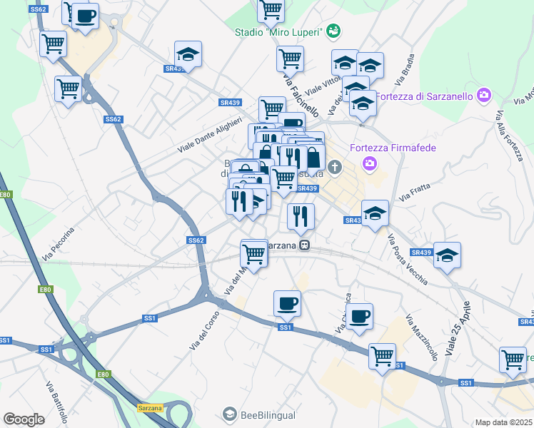 map of restaurants, bars, coffee shops, grocery stores, and more near Via Picedi in Sarzana