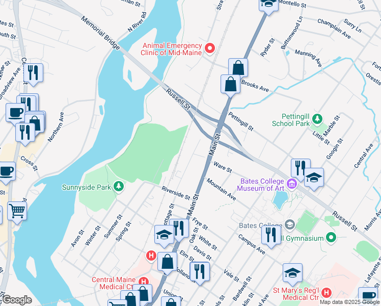 map of restaurants, bars, coffee shops, grocery stores, and more near 142 Cottage Street in Lewiston