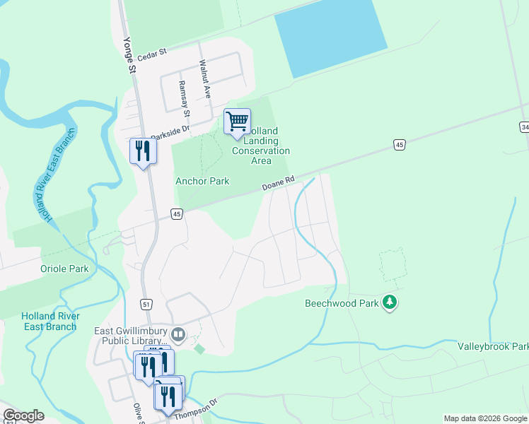 map of restaurants, bars, coffee shops, grocery stores, and more near 16 Prunella Crescent in East Gwillimbury