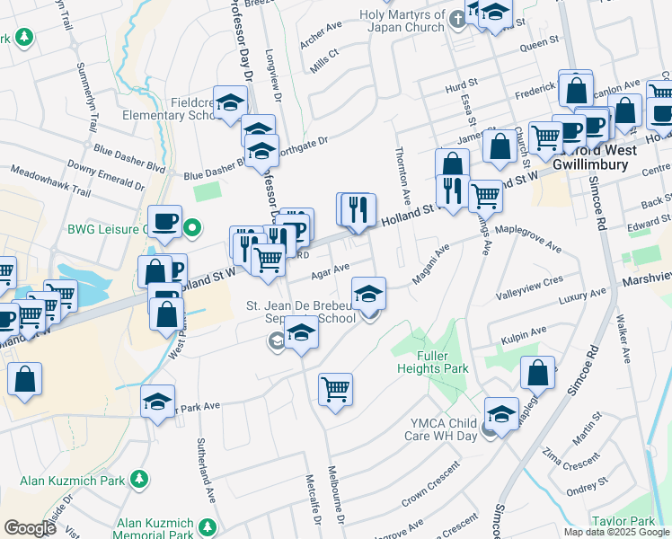 map of restaurants, bars, coffee shops, grocery stores, and more near 332 Agar Avenue in Bradford West Gwillimbury