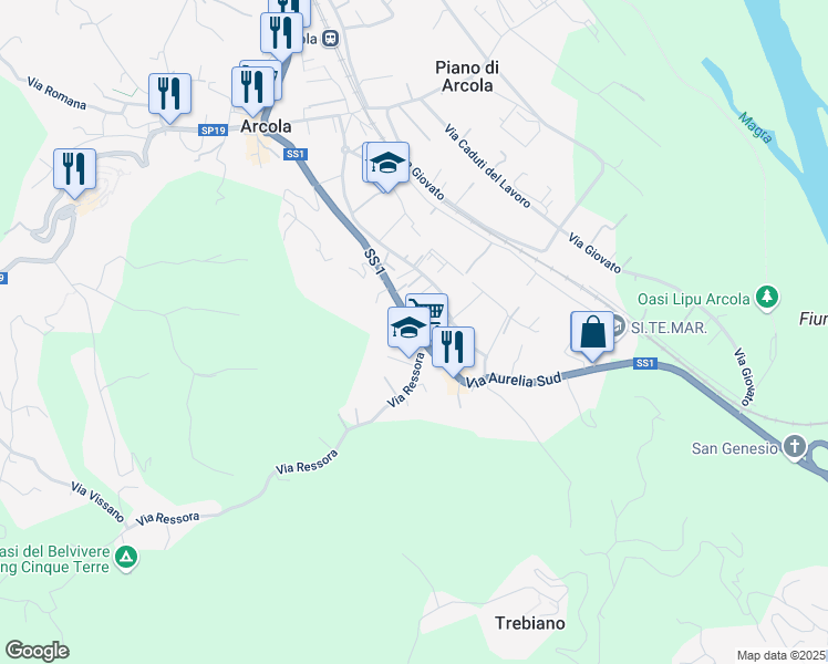 map of restaurants, bars, coffee shops, grocery stores, and more near 121-123 Via Aurelia Sud in Arcola